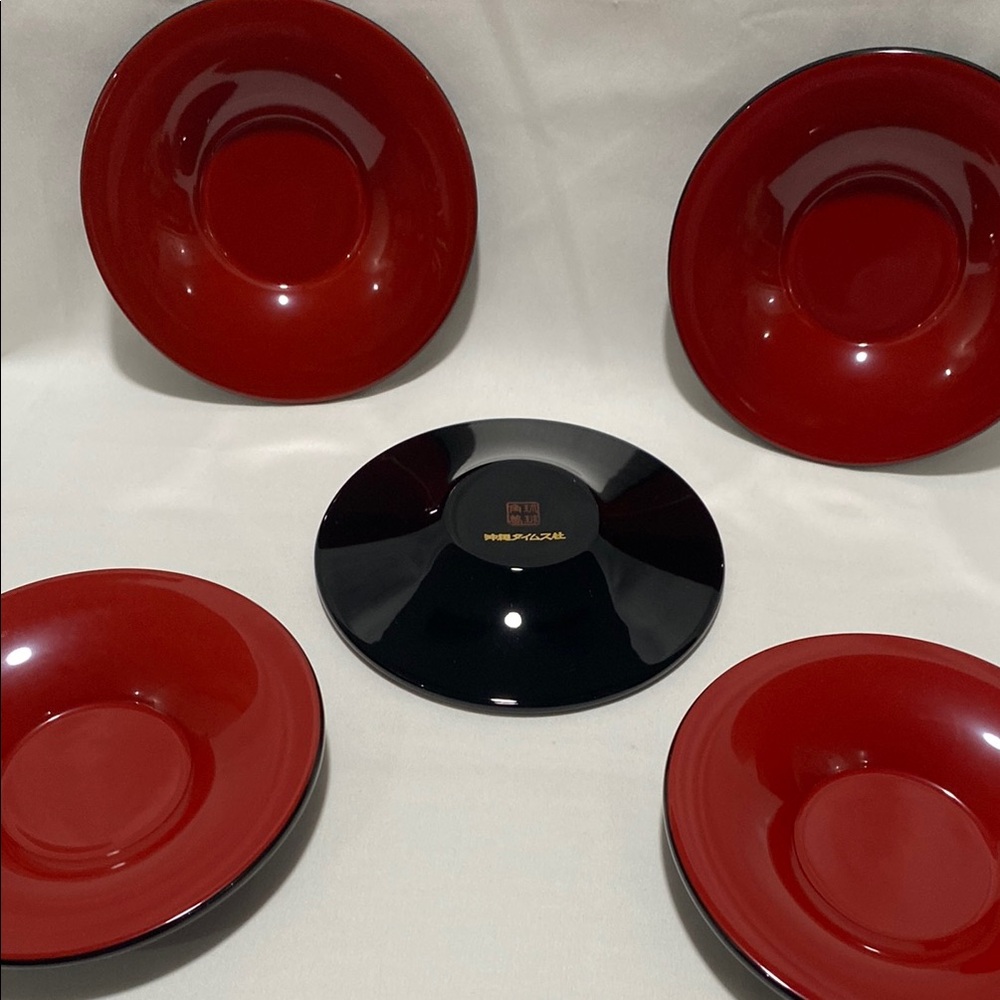 Red and Black Lacquer Tea Plates. Set of 5 Plates. 5 1/4”.
Makers Mark on Back.